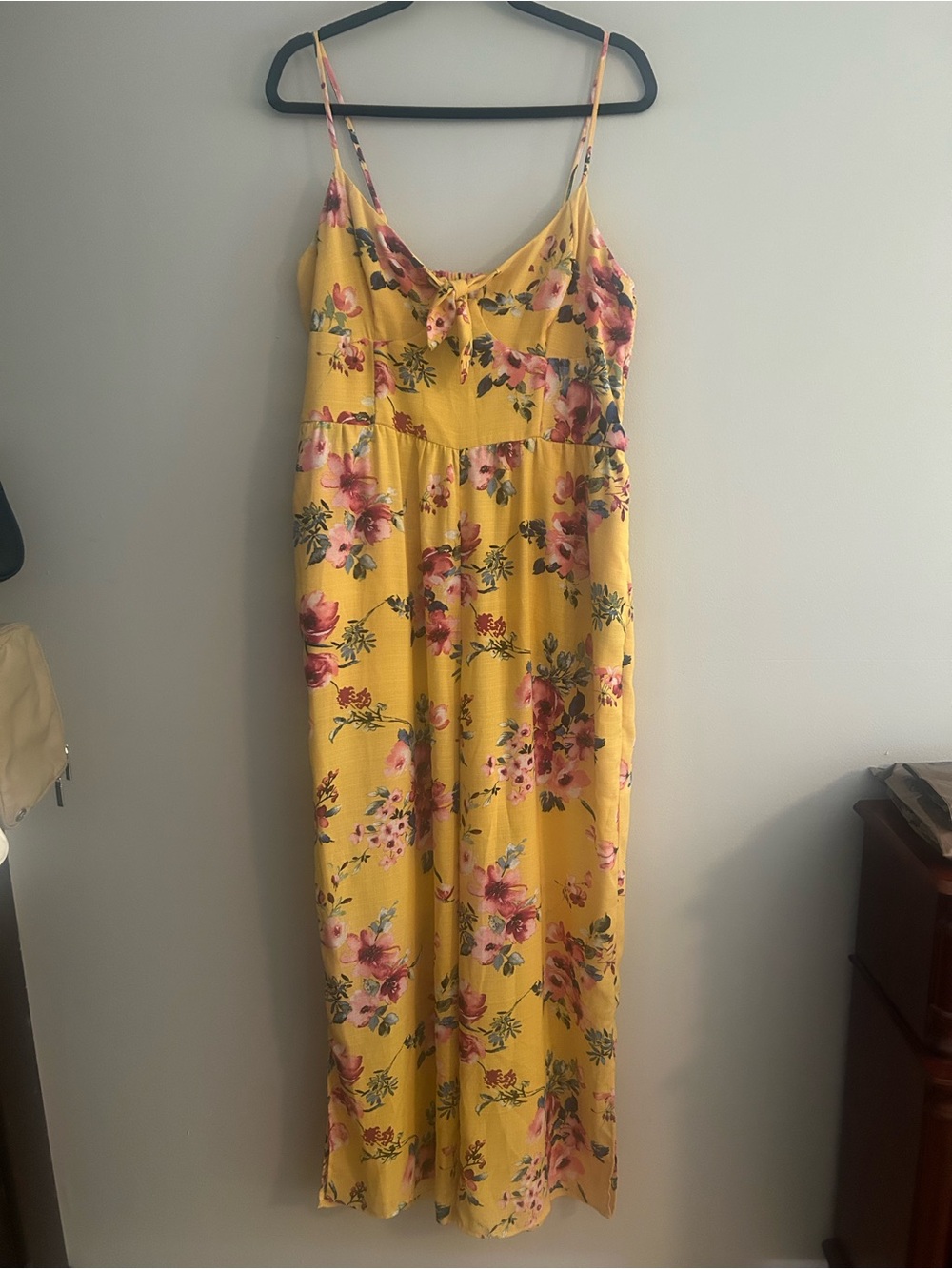 Xhilaration Yellow Floral Jumpsuit with Tie-Front
